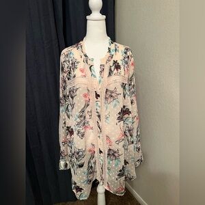 ❄️ ⛄️ Torrid Chiffon Clip Dot Lace Inset V Neck Top Floral Pink Button Down 5x